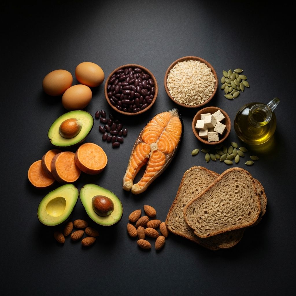 Composicion de alimentos agrupados por tipo de nutriente sobre superficie oscura